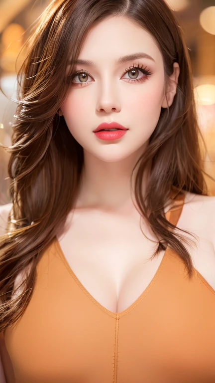 Radiant portrait of a beautiful 20-year-old woman, captivating eyes, voluminous curly hair, striking features, elegant posture, vibrant red lipstick, flawless complexion, natural makeup, stylish attire, confident expression, subtle smile, soft shadows, warm and inviting lighting, high-resolution digital painting, realistic style with a touch of glamour, by renowned artist on Behance, rich color palette of deep reds, soft pinks, and warm neutrals.