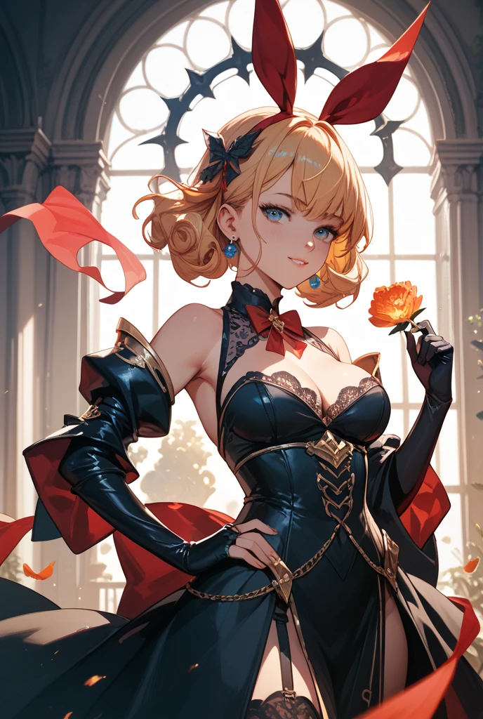 ((masterpiece)), (best quality), official art, extremely detailed CG, unity 8k wallpaper, ultra detailed,
1girl, blonde hair, yellow eyes, glowing eyes, small breasts, black eyeliner, smile, red dress, side slit,
outdoors, castle, towers, sky, day, wind, petal,
<lora:cha hae-in:0.6>