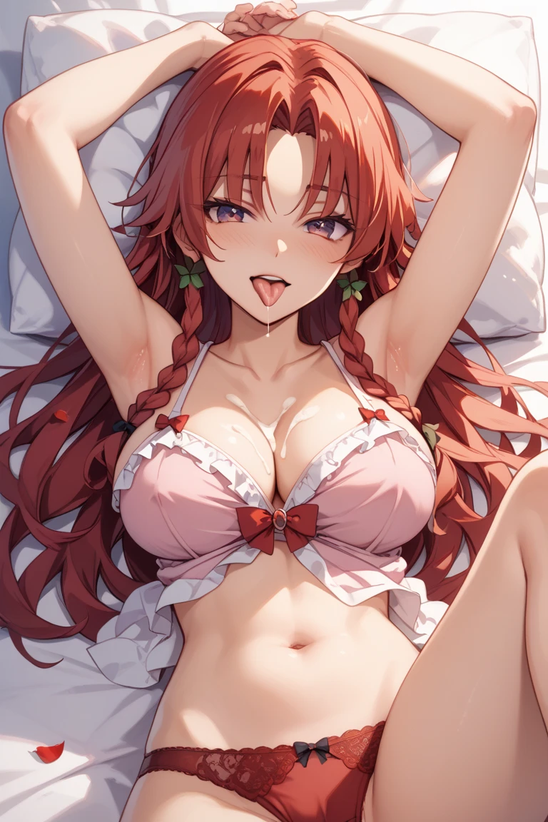 masterpiece, best quality, anime girl, lying on sexy bed, transparent bra, long red hair, red eyes, lots of enjoyment arrogant laugh, big breasts