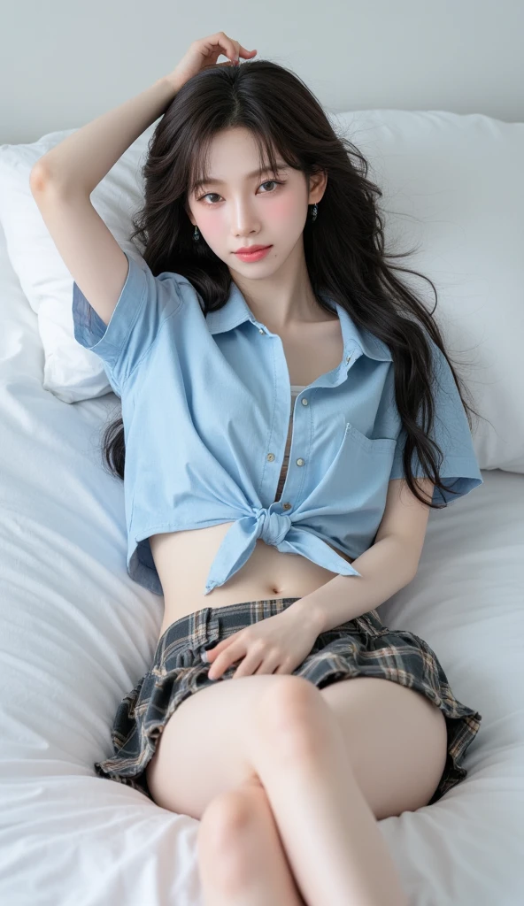 best quality detailing:1.2, Reality, 8k UHD, high-res, 1girl in:1.2, Special details lurking, High quality surface, intricate detailed, detaild, Very Detailed CG, high quality shadow, Beautiful delicate facial details, Description: Beautiful delicate eyes, deep depth of field, Ray Thrashing, Female, age over 24 years old., Beautiful K-pop Girl, Korean Urzan Face:1.1, Slender Face, ulzzang -6500-v1.1:0.6, pureerosface_v1, Glow Eyes, teak, Glossy lips, perfectbody、Wearing a high school uniform、Spectacular miniskirt、Very cute face、Put on a Y shirt.,(CoolYDark blue long-sleeved shirt、Underwear under clothes、pantylines)、Passionate posture、lying on side、Legs wide open.、((The skirt flips up and the panties are visible.:1.2,)),((Hide the chest by hand.))、Mekoji,crisp focus:1.2,Cute woman with perfect figure:1.4,Best Smile,Sleek,Abdomen:1.2,cameltoe,Show off your panties with both legs open.、real light:1.4, ultra-detail, photo-realistic, Full color RAW photos, Fuji Film(Medium format:1.2), hasselblad:1.2, Carl Zeiss:1.1, Stunning dynamic range photography(utility_Art by Smoose-768:1.1), high-res, High pixel count, Clear details, sharp photo, Natural color reproduction, Noise Reduction, High fidelity, quality, Software updates, Downsizing, Optimized algorithms, Pro retouching、(((turbid、nighttime、on a bed)))