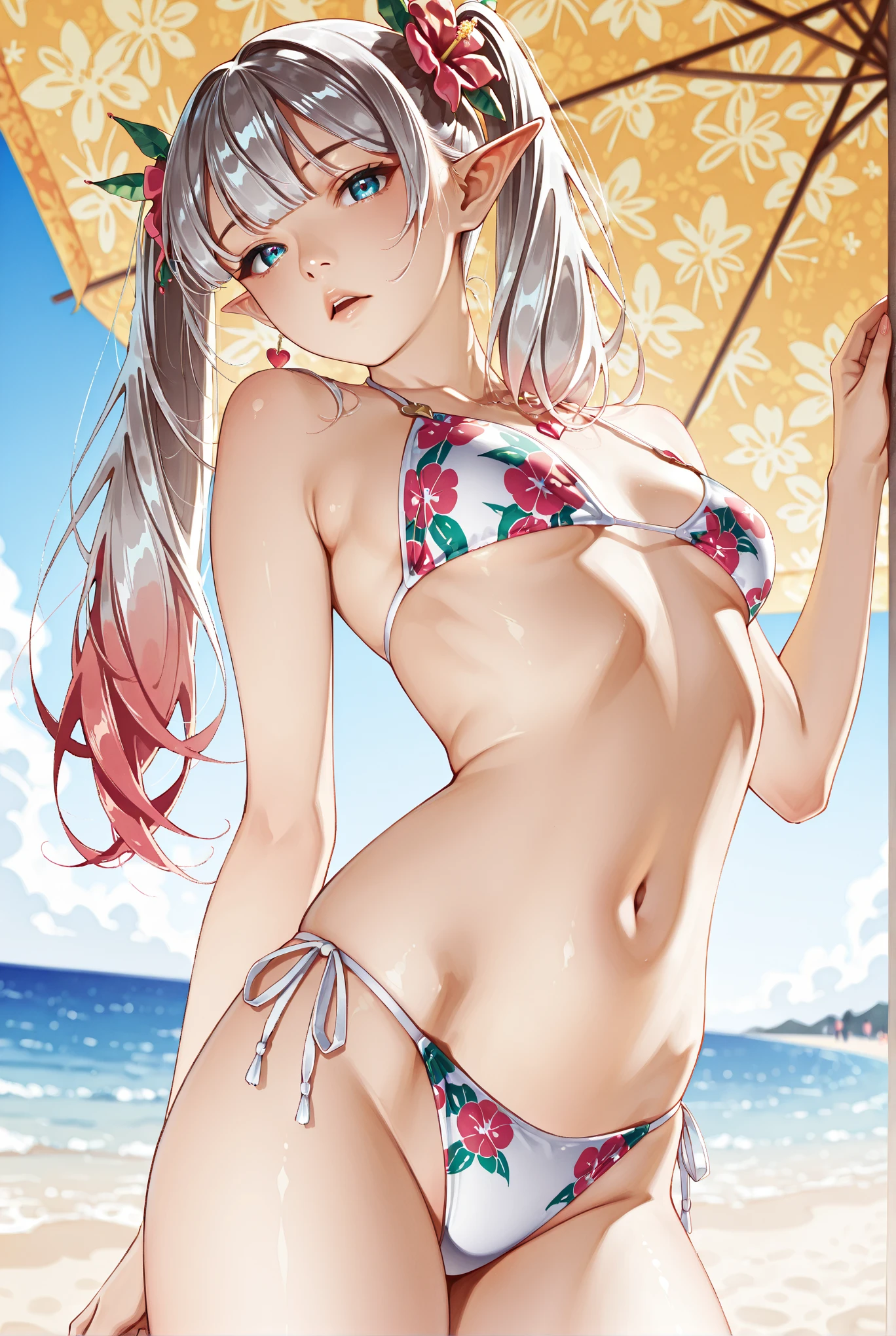young woman yamanaka ino, humble,With a perfect figure and beautiful big eyes., Perfectly slim and thick., Short and wavy hair, bandana, Micro bikini with delicate print, play at the beach, Tropical Islands, comfortable, Smiling softly., open, perfect face, muted tone, atmospheric, Clean Lines, iintricate, ultra-detail, lifelike, 10