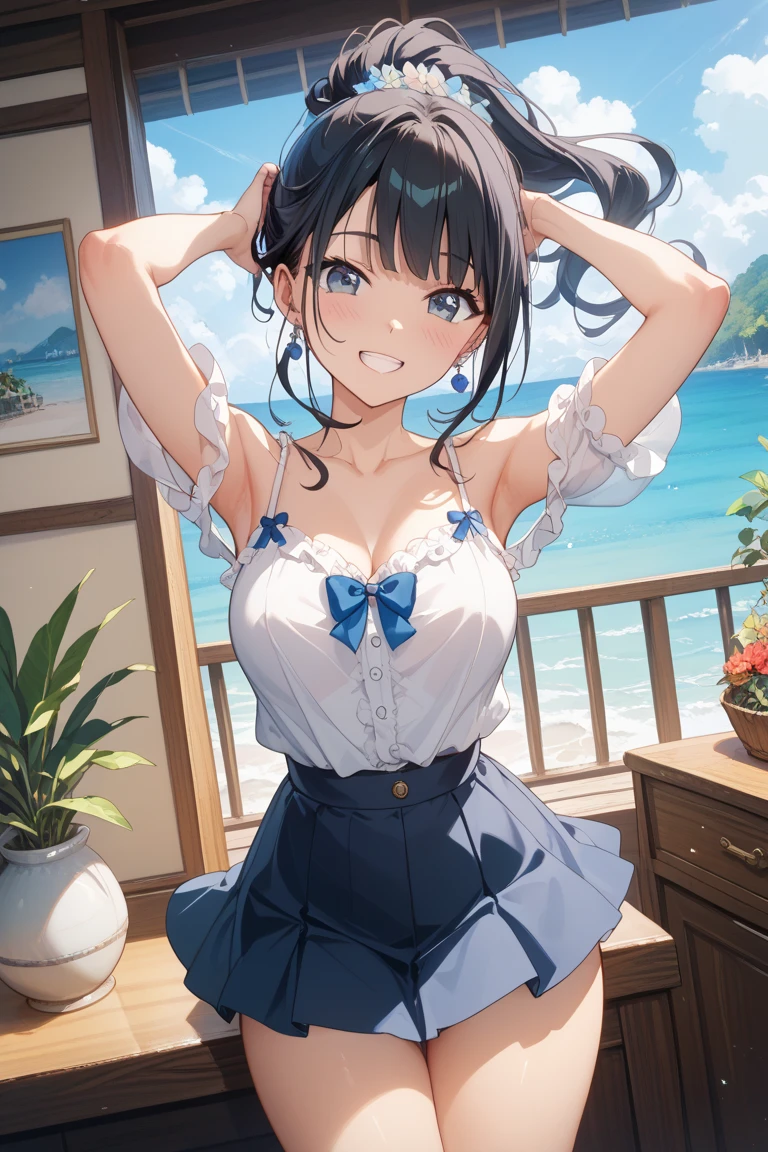 Beautiful breasts、A light blue bra that is visible through a white dress shirt、Without skirt、Light blue underwear、barefoot、Standing posture、Cumulonimbus cloud and blue sky