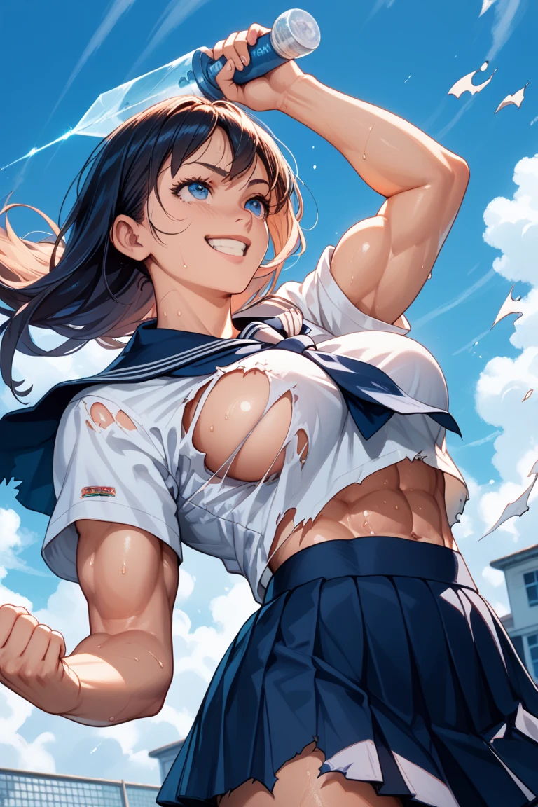 8K,master piece,anime,Perfect ???????,Suguha Kirigaya,1female,crossed eyes,(rolling eyes),open mouth,(tongue out),(crying),short sleeved white sailor suit,underboob,(((pull down))) a micro pleated skirt,(groin),short hair,(huge perky breasts),(Very small waist and slim body)
