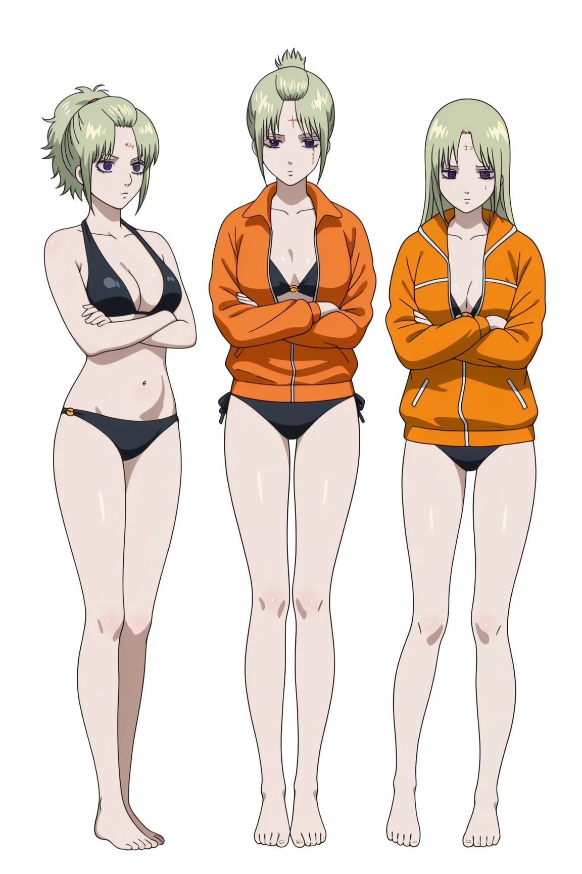 Woman defined body thick thighs cybernetic body parts, fonte_anime, churrasco, cabelo longo, cabelo verde, chifres brancos, flor de cabelo, olhos amarelos, colarinho destacado, decote, school swimsuit, blue one piece swimsuit, luvas de cotovelo, luvas brancas, faixa, corar, Sorriso, in panties and bra naked without clothes