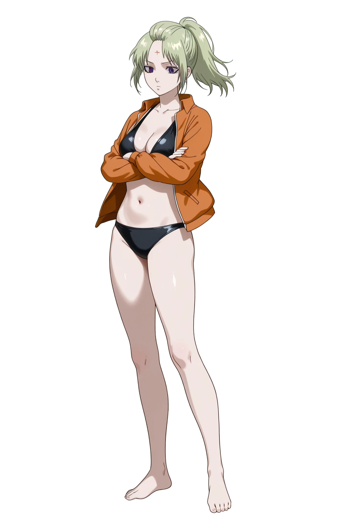 masterpiece, cowboy shot, 4K, Best Quality, Anime style: 1.9, best illustration, (official art), bold drawing lines, 1girl, cagalli, adult woman, tall woman, ultra detailed head, ultra detailed body, big brown eyes, happy, blonde hair, official art, brown eyes, black bikini, smile, closed mouth, solo, looking at viewer, long belly, medium breasts, cleavage, groin, standing, simple white background only, black fingerless gloves, closed fists, bending arms