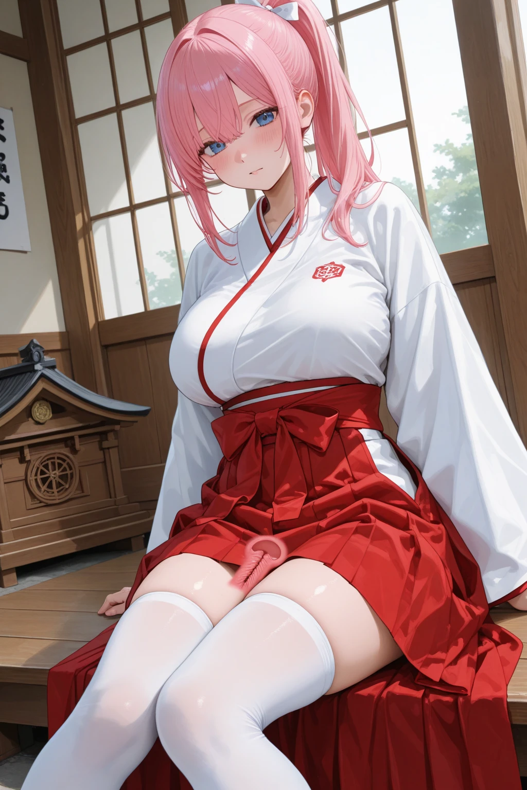 ((highest quality、High resolution、8K、masterpiece:1.3))、((((She sits and spreads her legs invitingly.、Pussy spread))))、(love juice)、dynamic angle、wallpaper、1 girl、unparalleled beauty、ultimate beauty、super detailed face、delicate eyes、smile shyly、sexy look、expression of ecstasy、Depth of bounds written、light particles、side light、ponytail、silver hair、(shrine maiden、shrine maiden服、shrine maiden装束、white kimono、red hakama)、nipples exposed、(Her skirt is flipped up and her pussy is exposed.)、perfect body、beautiful breasts、big breasts、cleavage、thighs、slim、slender、Old castle at night
