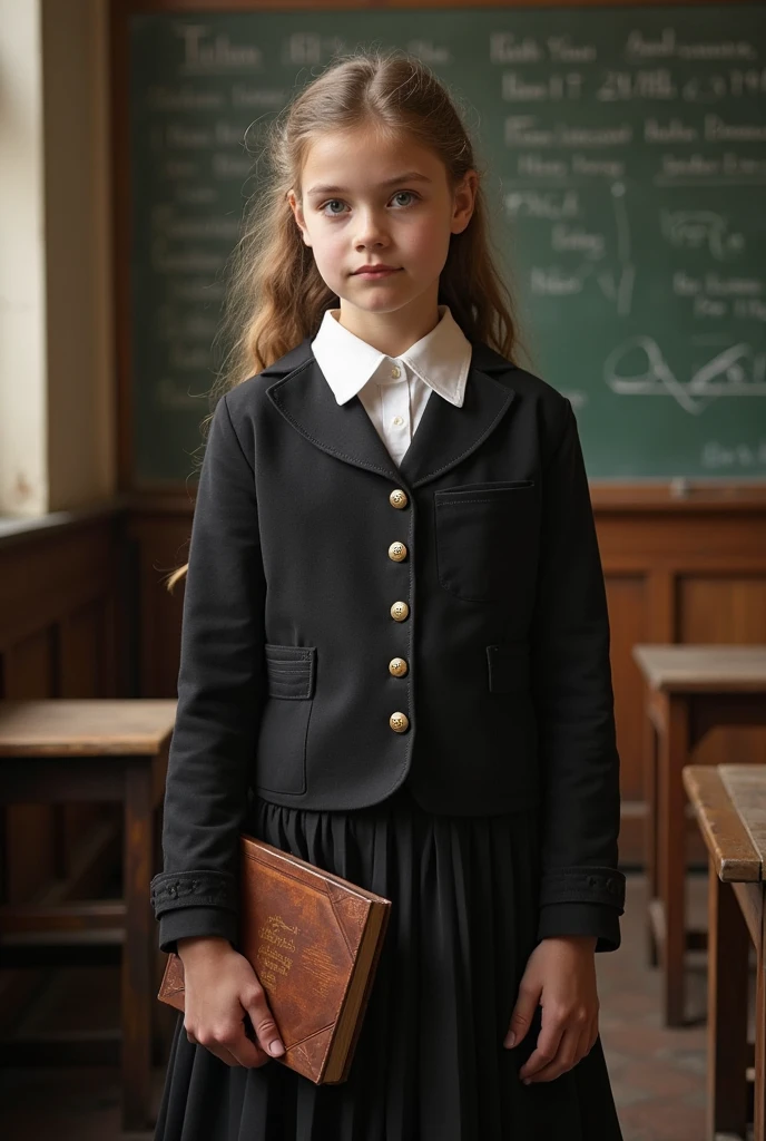 Molching, Germany, 1940. ((((11-year-old)) Liesel Meminger)), very thin, kind, big-hearted, dangerous dark eyes, picking up a book from the pile of ashes and somoke in the street, ((guilty expression)). ((((poor casual clothings from the 1940s)))), ((dark-blond hairstyle of the 1940s))