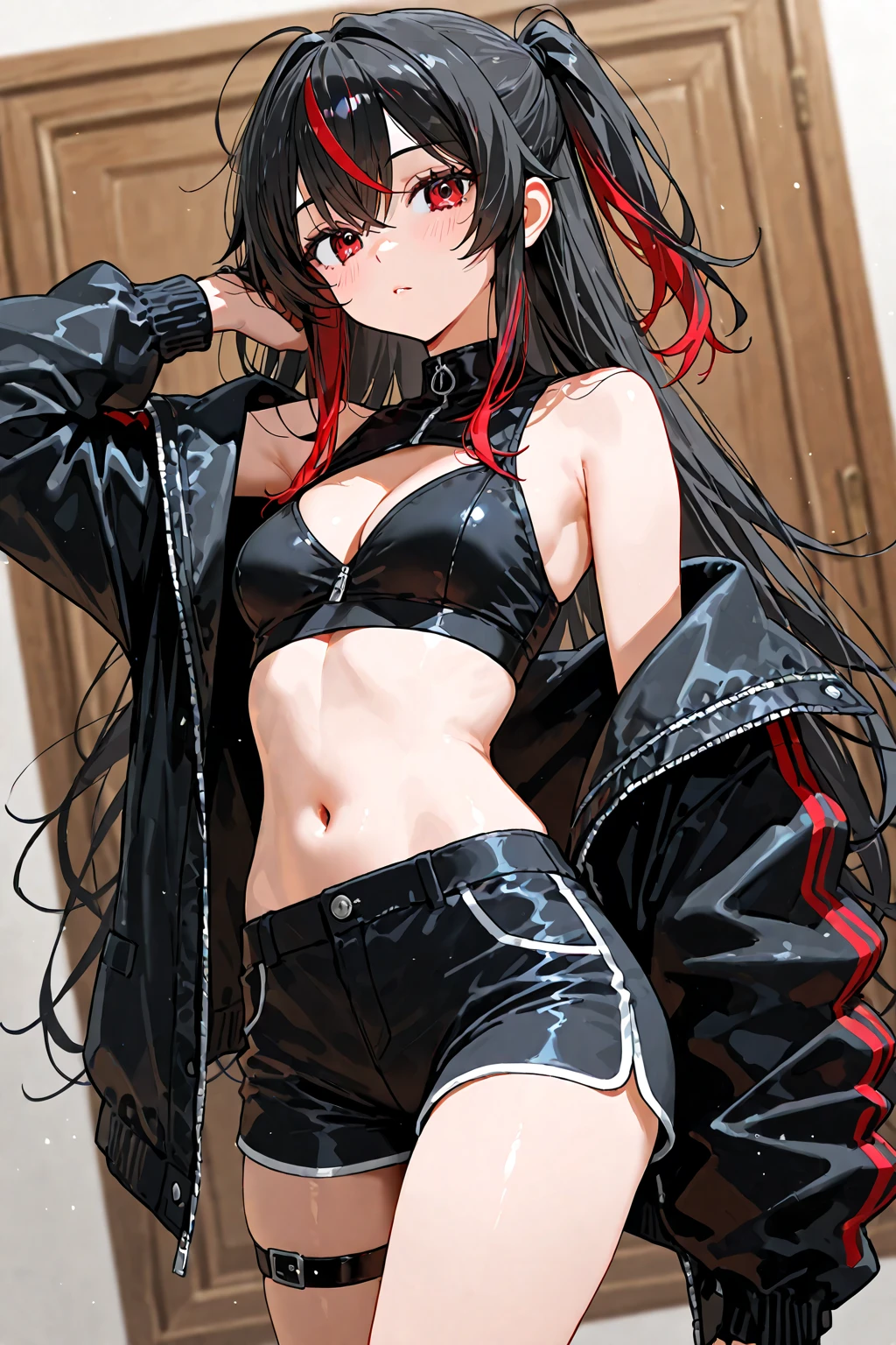tipo: Arte Digital Estilo: Estilo Anime Cor: Predominantemente rojo con contrastes en blanco y negro., Color de los ojos: bright crimson red, con reflejos luminosos. Color de cabello Negro con reflejos rojos, ((orejas de gato))., peinado: Longo con twintails, adornado con un adorno tradicional para el cabello rojo y dorado, (((mischievous and playful smile with a touch of mischief))), muscular and sadistic legs, (((Escena de playa))), de pie, (foto de cuerpo completo), well-groomed nails, Red nails, ((usando un bikini muy corto y sexy))