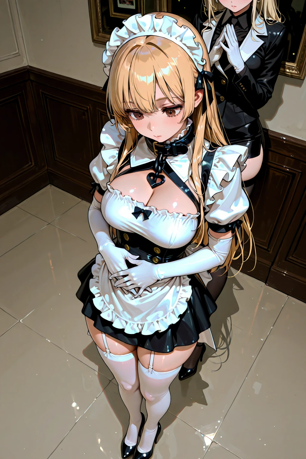 1 Girl, Detailed blue eyes, Long eyelashes, Beautiful face in every detail, slightly curled hair, (Very long blonde hair:1.4), to be tied up, Tied arms, (Blushing:1.3), (Big Breasts:1.1), Ticker, gag, Gagged, Tying over clothes, (Black Skirt, White top, Black high heels:1.4), Bound and gagged, 白いgag, Close-up, Sitting, Suppressed, bondage, Sitting in a chair Suppressed, 手首をto be tied up, Binding the wrists and ankles
