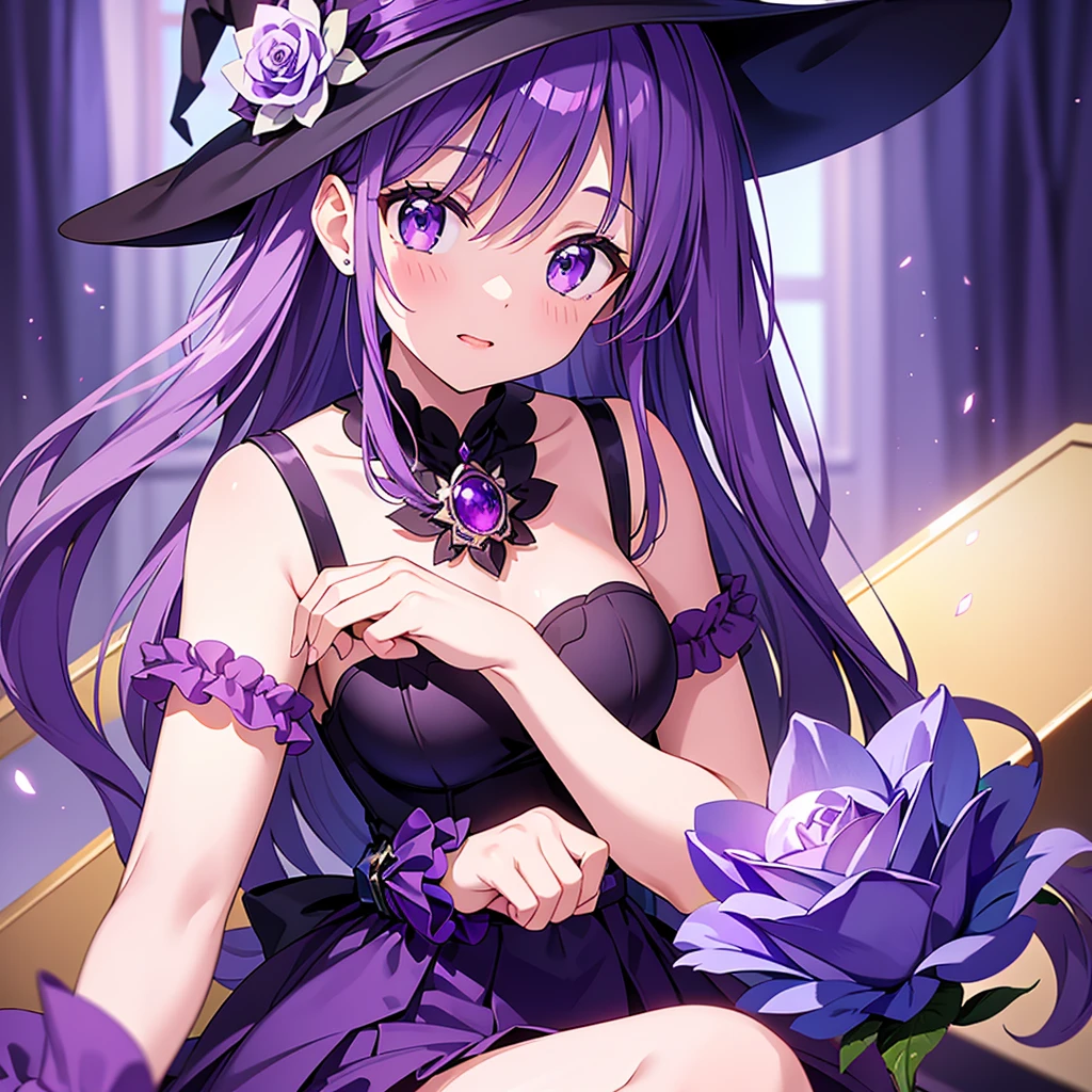 torino aqua, 2girls, alternate costume, black hair, blonde hair, book, bottle, bracelet, breasts, brooch, candle, candlestand, choker, crescent necklace, cup, dress, earrings, eyepatch, fischl \(genshin impact\), flower, food, fruit, genshin impact, grapes, green eyes, hair ornament, hand on headwear, hat, hat flower, highres, holding, holding book, holding food, holding fruit, indoors, jewelry, lamp, lantern, lens flare, long hair, looking at viewer, mona \(genshin impact\), multiple girls, necklace, pantyhose, parted lips, pink flower, pink rose, purple choker, purple dress, rose, scrunchie, sitting, solo focus, spaghetti strap, sparkle print, star \(symbol\), star hair ornament, thighlet, torino aqua, twintails, two side up, very long hair, witch hat, wrist scrunchi, <lora:torino_aqua_offset:1>