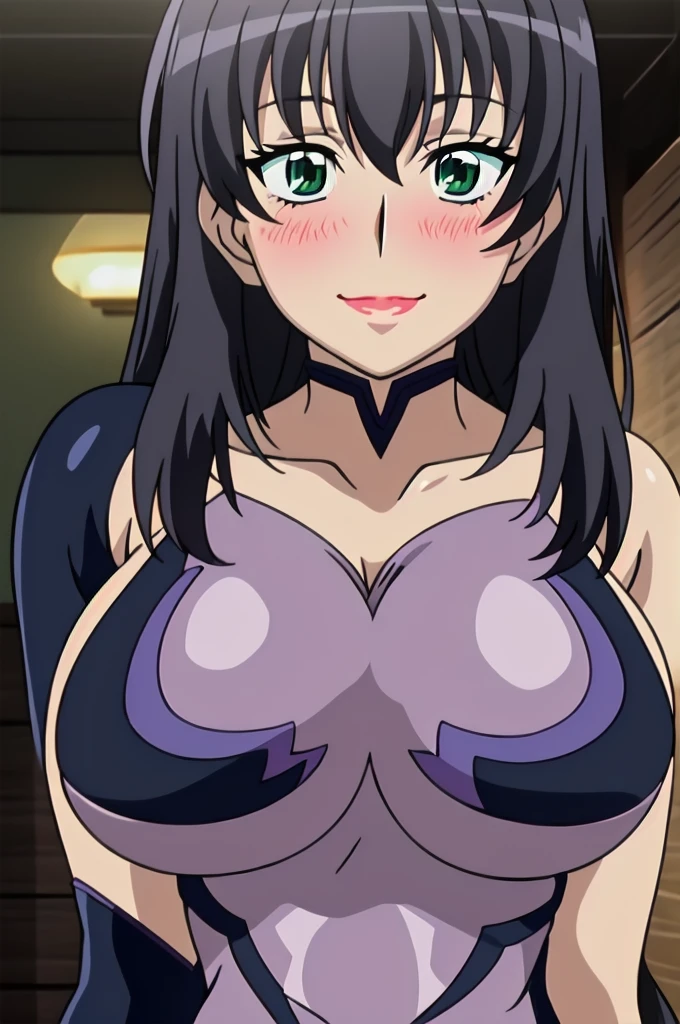 (high quality:1.1), intricate details, cinematic lighting, sharp focus, Annerose, 1girl, solo, standing, cowboy shot, looking at viewer, determined, very long hair, hair intakes, black hair, pointy ears, yellow eyes, lipstick, (bodysuit:1.05), shiny clothes, large breasts, (covered nipples:1.1), character in center, anime screenshot, sharp shader, lovely personality, professional art by kagami hirotaka, anime screenshot