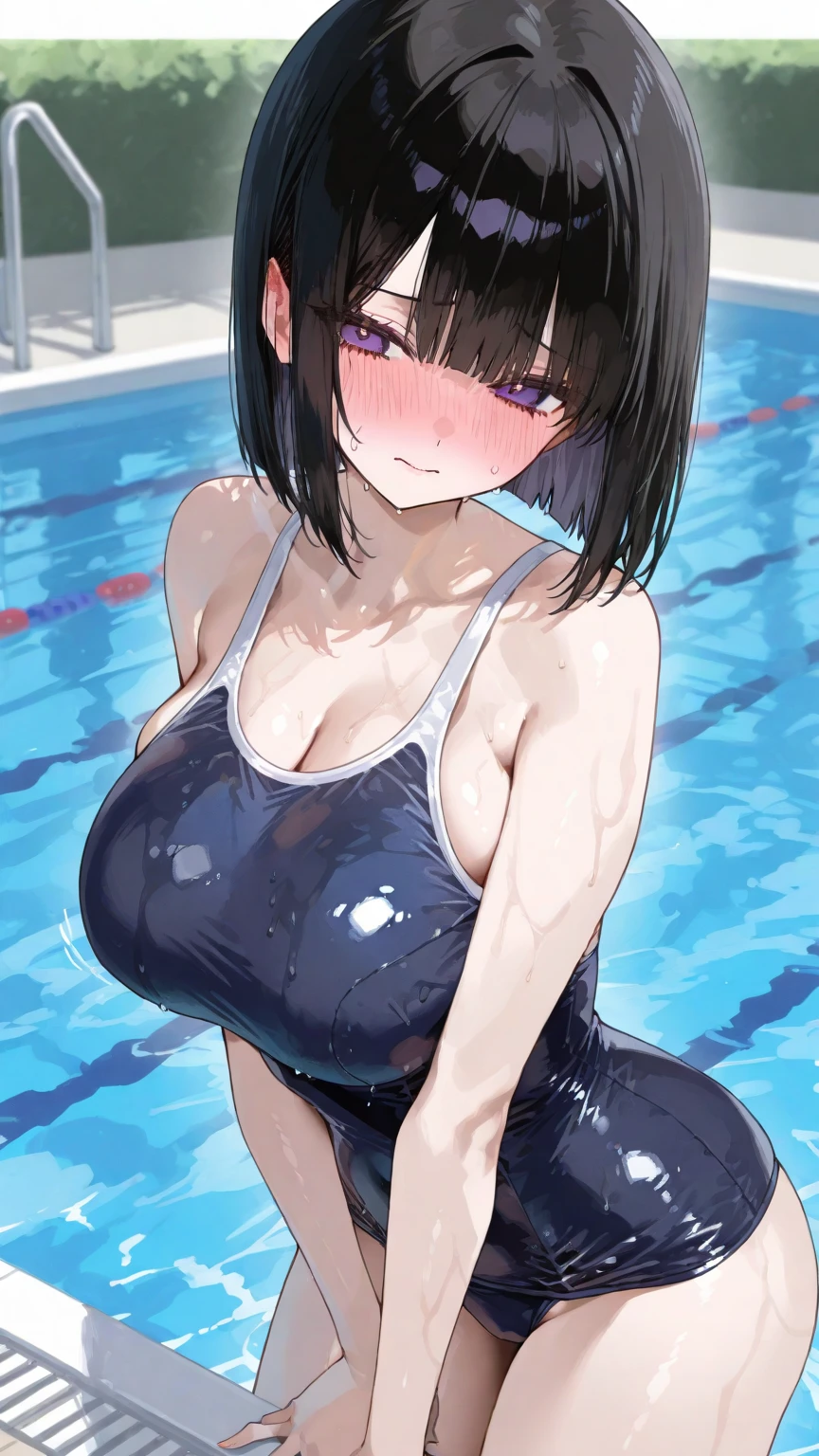 (Perfect body),Best Quality,masuter piece、(8K Portrait),(Official art)、(((Police Woman)))、(((Serious)))、(:D)、(((blush))),(Sweat),((((large udder))))、((((Big ass))))、(Black hair),((bob cuts))、(Yellow eyes),(((thick thighs)))、(((((Navy blue high-leg swimsuit)))))、knee sox、adult woman、(in poolside)、((Chibi))、spreading legs、Arms behind your head、((Armpits))