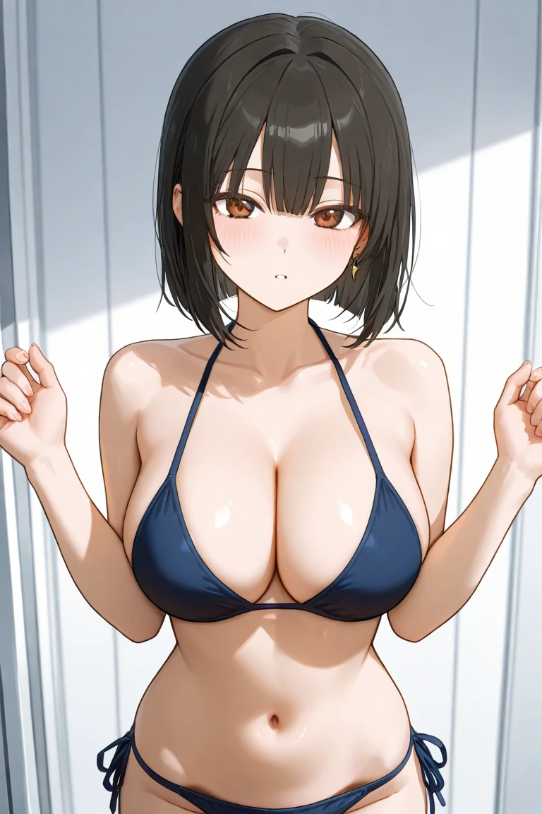 ((white background)), masterpiece, best quality, solo, random pose, sexy pose, seductive pose, black micro bikini, dutch angle, thighs,