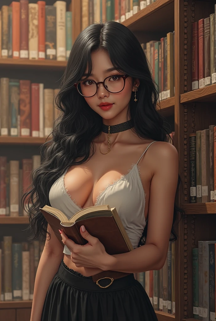 A Brazilian fashion student in São Paulo, fair skinned and dark haired, It's in the college library, wearing a slightly unbuttoned white shirt, revealing a delicate necklace that highlights her cleavage. She pairs the shirt with a high-waisted black pencil skirt that shapes her legs.. with an intense expression, she reads a fashion book, his lips parted in concentration as he plays with the pen between his fingers