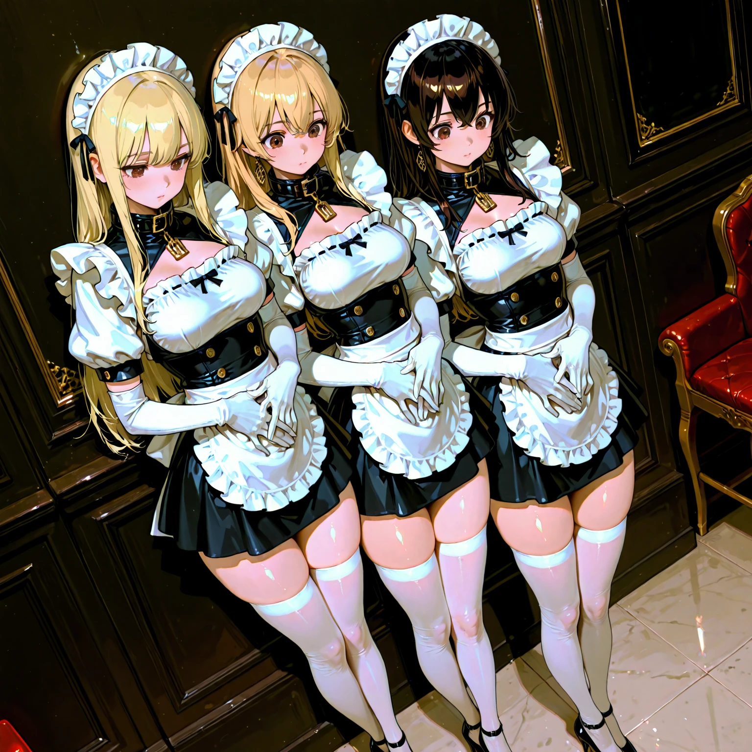 Browsing Caution, masterpiece, Highest quality, Very detailed, Ultra-fine illustrations, 8k CG wallpaper, Great art, (Three women stand side by side:1.4), Perfect Anatomy, (Pussy juice:1.2)), ((mini skirt,Maid uniform, Transparent clothes, Apron skirt)), (White horizontal lace panties:1.3), (Pink stylish lace panties:1.3), (Stylish lace panties in light blue:1.3)), (Embarrassed expression, blush:1.2), Beautiful big , Slender body, (Three women lift their skirts to show their panties:1.5), ((Anime CG Style)), garter belt, ((White lace short chest curtain,Underbust)), ((bare Maid uniform)),((underboob))