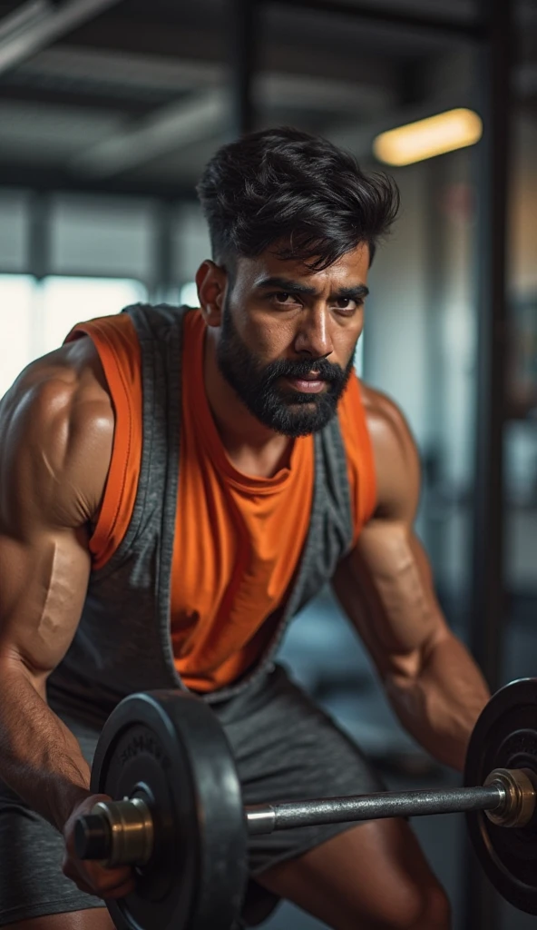 Realistic Indian man doing a workout in a gym showing a biceps