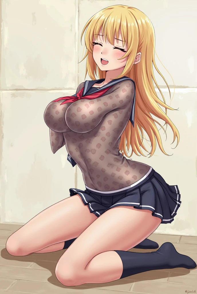 highest quality, masterpiece, High resolution, 1 girl,  (murasame　change two things　Fleet Collection:1.15), long hair, blonde, red eyes, ribbon, smile, black sailor suit, pleated skirt, classroom background, slender body, full body figure, skirt lift, (panties), (bra), squat, (Striped underwear),