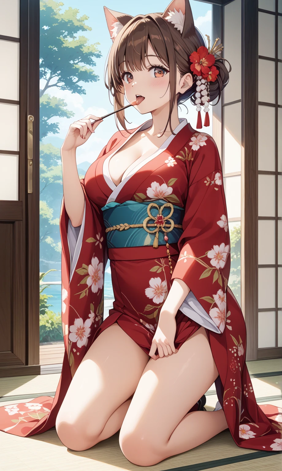 ((in the mountains of japan:1))、((on a tree))、sexy female crow tengu、Japanese traditional UMA tengu, sexy japanese monk costume, Sexy brown skin, Nice sexy body、tanned healthy sexy skin、One lady、Red hair ornament、((Black Japanese style sexy costume:1))、with the crow