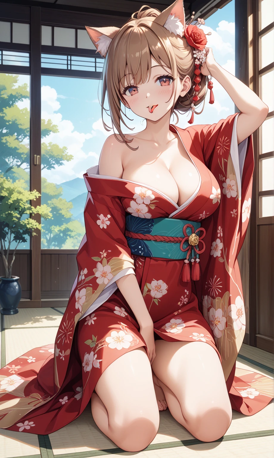 (masterpiece、top-quality)、Very sexy dress-up Japan anime style girl on the bed, leaning on a railing, 1girl in, breasts, Komono, Solo, Kimono, Jewelry, striated hair, multicolored hair, Hair Ornament,, Looking at Viewer, cleavage, thighs thighs thighs thighs, Smile, off shoulders, Pink eyes, Large breasts, Bare shoulders, Sitting, Red hair, Necklace, Bracelet, Long hair, , 鎖骨, Obi, sash, Bangs, Closed mouth