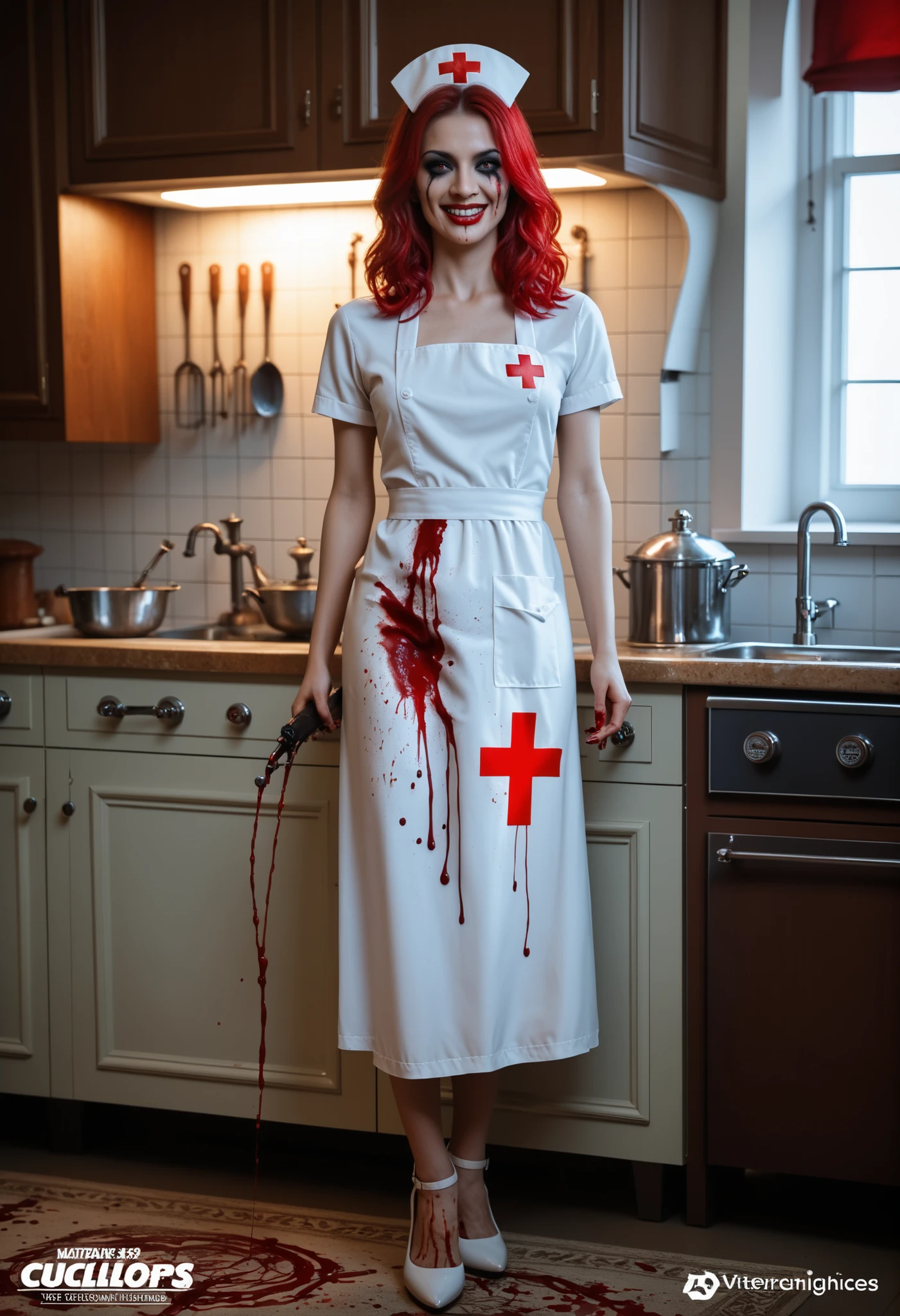 ((Female zombie))((Both eyes are completely white:1.2))((White skin, Really long legs))((Very huge))((Wearing ragged nurse uniform))((Wear black高跟鞋))((Covered in blood))((Wear black))