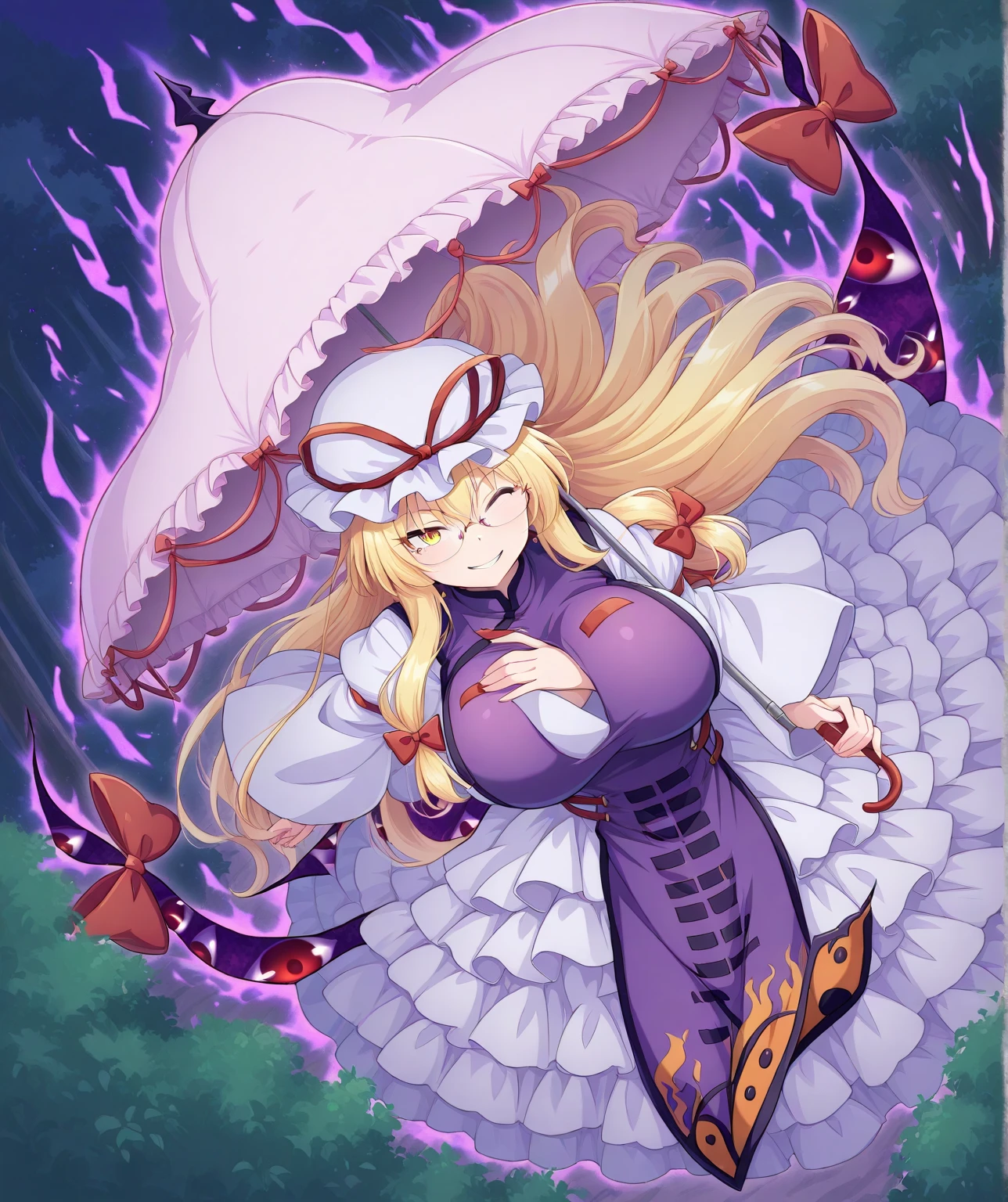 a drawing of an anime character in a red dress and boots with a large scythe, ((high end)), (UHD picture), (best quality,4k,8k,highres,masterpiece:1.2), top-quality(​masterpiece), top-quality, ultra-detailed, highly detailed texture, intricate details, high quality textures, masterpiece, best quality, perfect quality, perfect anatomy, perfect body, perfect symmetrical face, 1 beautiful girl, 1girl, , , 10 years old, (((loli))), ((childish)), hat, white hat, blonde hair, long hair, parted bangs, drill hair, well-formed face, yellow eyes, maxi dress, red dress, dress, long sleeves, frills, long skirt, simple background, scythe, holding scythe, holding, white socks, smile, cute face, beautiful, holding scythe, from behind, to lift up one’s skirt, cowboy shot, from front, standing , raise one leg, crossed arms, arms up behind, arms behind back, hand between legs, put hands hip, one hand on hip, forward hands, arms raised in the air, punch hands, peace sign, waving, put up index finger, sit, lie down, closed eyes, lie face down, looking back, put one hand chest, leaning forward, cleavage, close up, horizontally outstretched arms, horizontally outstretched legs, front view, front face, huge breasts for short stature, cleavage is clearly visible ,G-Cup, heart hands