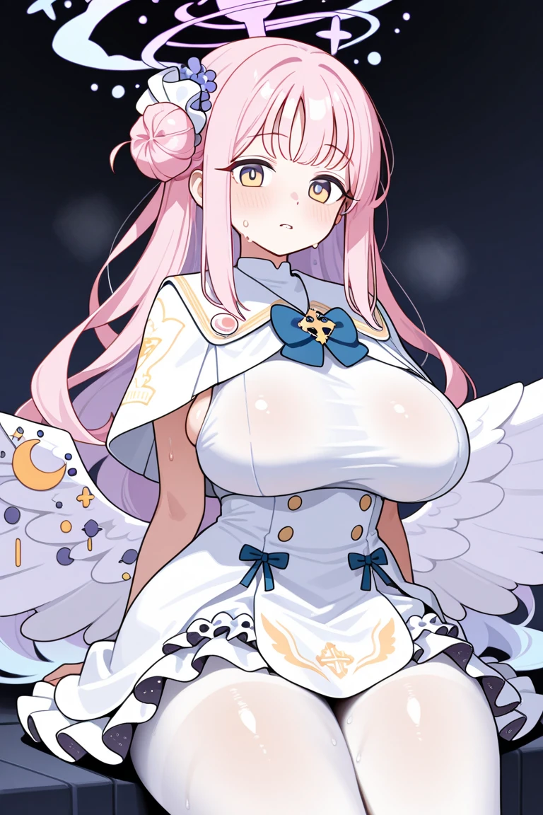 1 woman、爆乳、cleavage of the breast、Pale pink hair studded with stars、Long Lace Bale、Lolita clothes with lots of frills and ribbons、angel wings encrusted with jewels、A smile