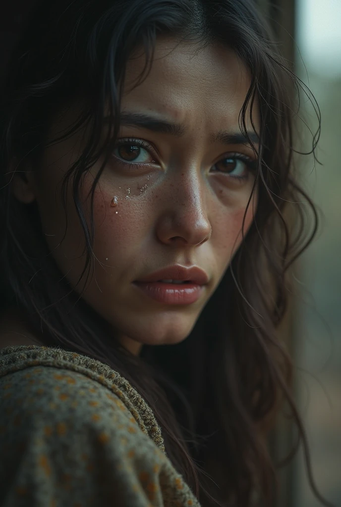 a beautiful girl with white skin, clear blue eyes, and brown hair, wearing a ripped one-piece dress that is clinging to her body as she emerges from the sea, her expression conveying a sense of sadness, her body defined and beautiful, (best quality,4k,8k,highres,masterpiece:1.2),ultra-detailed,(realistic,photorealistic,photo-realistic:1.37),HDR,UHD,studio lighting,ultra-fine painting,sharp focus,physically-based rendering,extreme detail description,professional,vivid colors,bokeh,portrait,photorealistic,dramatic lighting,moody,cinematic