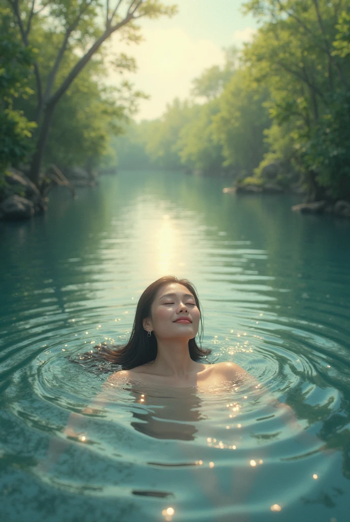 A beautiful woman with smooth white skin, Asian, laughing, cheerful, happy, wearing a white t-shirt, blue jeans, carrying a large camera, looking expensive, sitting on an old wooden boat. Watch fireflies in the canal at night. Fireflies are insects that glow. Fly low. Dim moonlight filters through the clouds. Soft moonlight. A dark night. Thick, black clouds. Only the fireflies glow slightly. that fly back and forth to that area There is a reflection in the water. In a canal with calm water like a mirror, Thai landscape, 32K high resolution.
