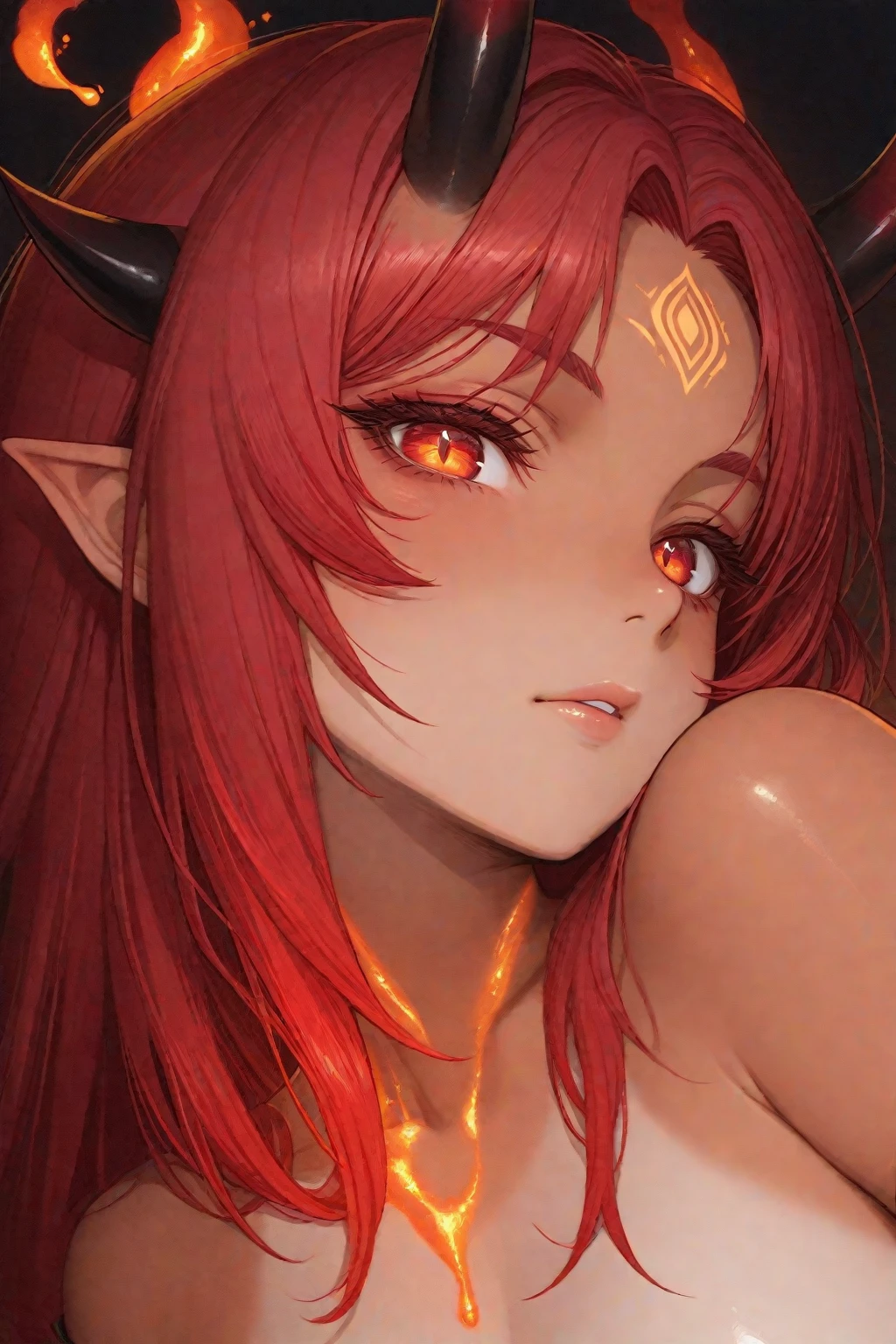((best quality, masterpiece, 4k, Best anatomy)), moody lighting, beautiful elf woman, ((crimson red hair)), ((very long hair)), perfect face, innocent smile, sparkling eyes, ((golden eyes)), (naked), (petite), (slender), ((flat chest)), ((18 years old)), skindentation, extreme detail, attractive oval face, pink lips, pink nipples, glossy skin, detailed hair, face focus, close-up chest, gold ornamental necklace, earrings, (1 girl), blush, embarrassed expression,