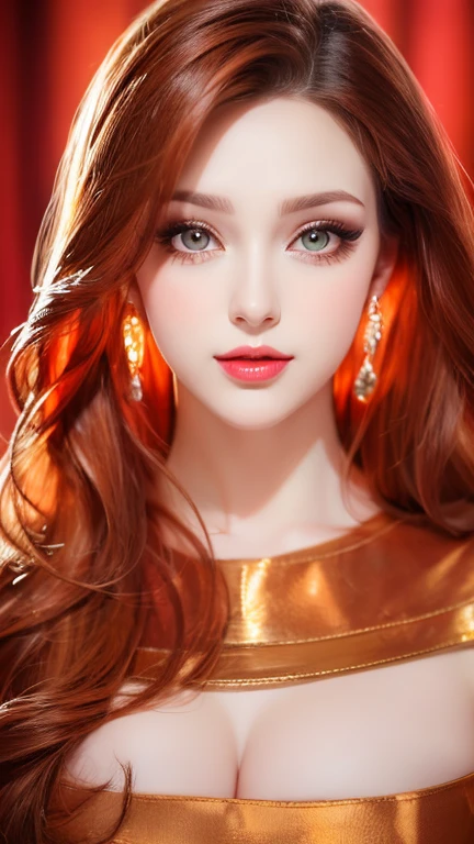 1girl, olho de estrela, corar, perfect lighting, red hair, olhos vermelhos, Motor irreal, front and top-down lighting, Rosto detalhado, rosto completo e ombros aparecendo,franja, pele brilhante, fundo simples, fundo escuro, vestido elegante dourado