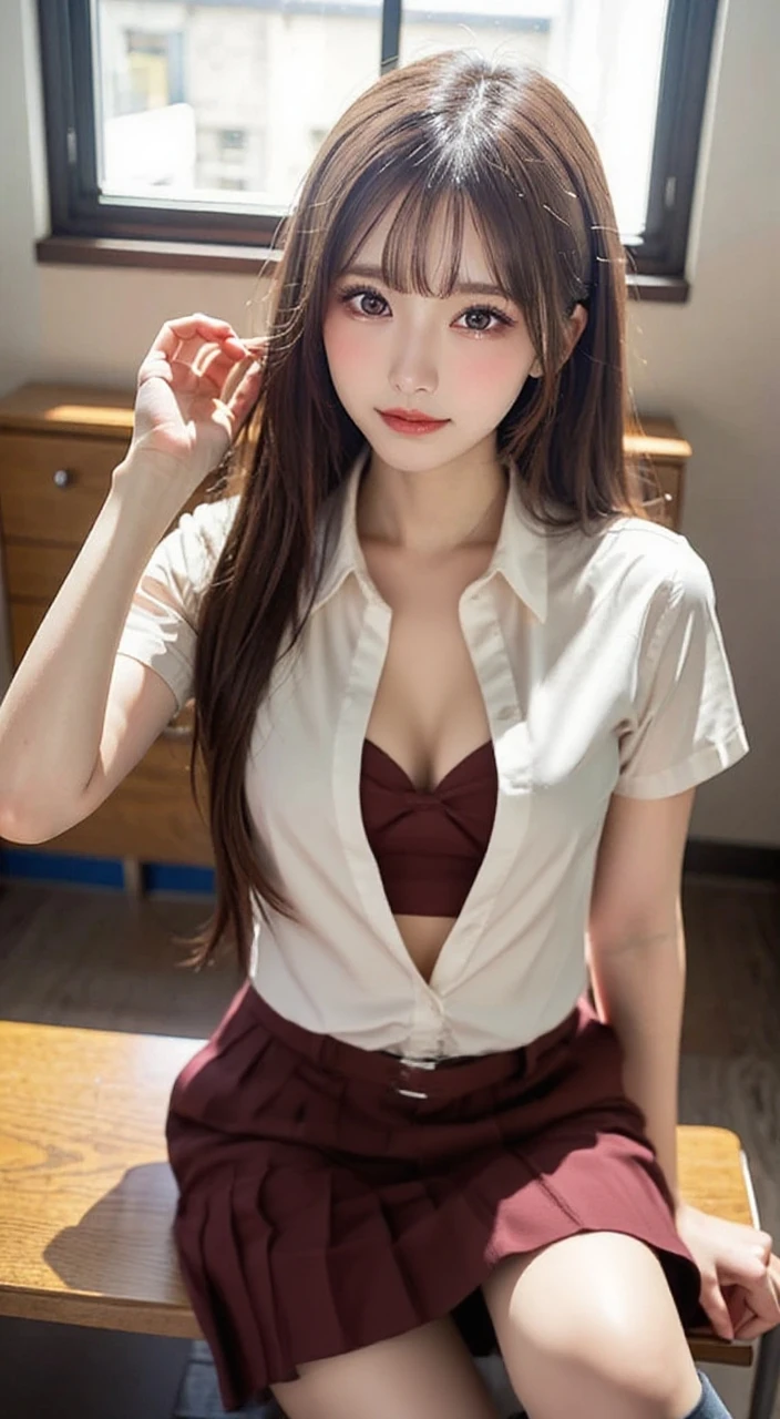 8K、RAW Photos、Highest quality、Super detailed、Super Resolution、Ultra HD、8K壁紙、Amazing details American blazer uniform girl ((White blouse with formal collar, Blue blazer, Red Check Skirt, Red checkered ribbon on blouse)), Complete limbs, Full Finger, 
((((Inside the Starbucks store))))、16 year old female student、((Eat cake、Drink coffee、smile))、Heart Necklace、Gold bracelet
(((Emphasize cleavage)))
(((Woman sitting at the window seat)))
