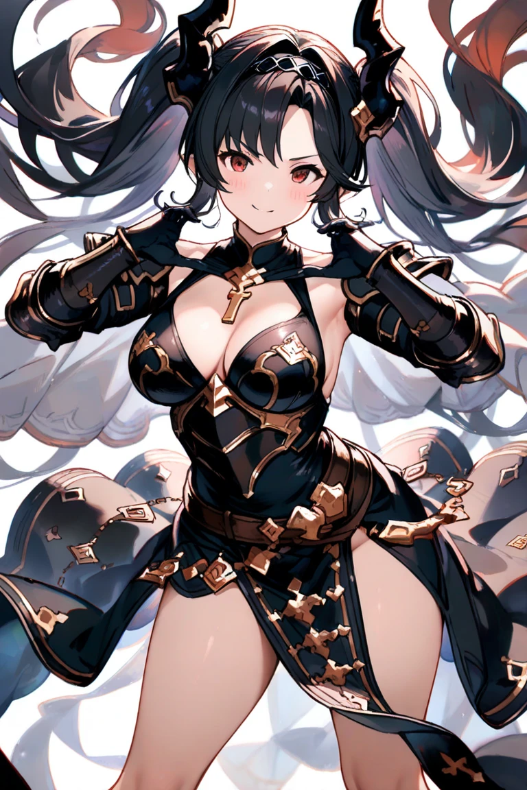 1girl ,20s,mature female,open mouth,(((black pantyhoses))),medium tits,black hair,((high ponytail)),long hair,red eyes,pointy ears,horns,black gloves,(cleavage),((black pencil skirt)),(((walking in an alley of a city at night,night))),cowboy shot,from front,(golden pauldron,golden gauntlets,golden shoulder armor)