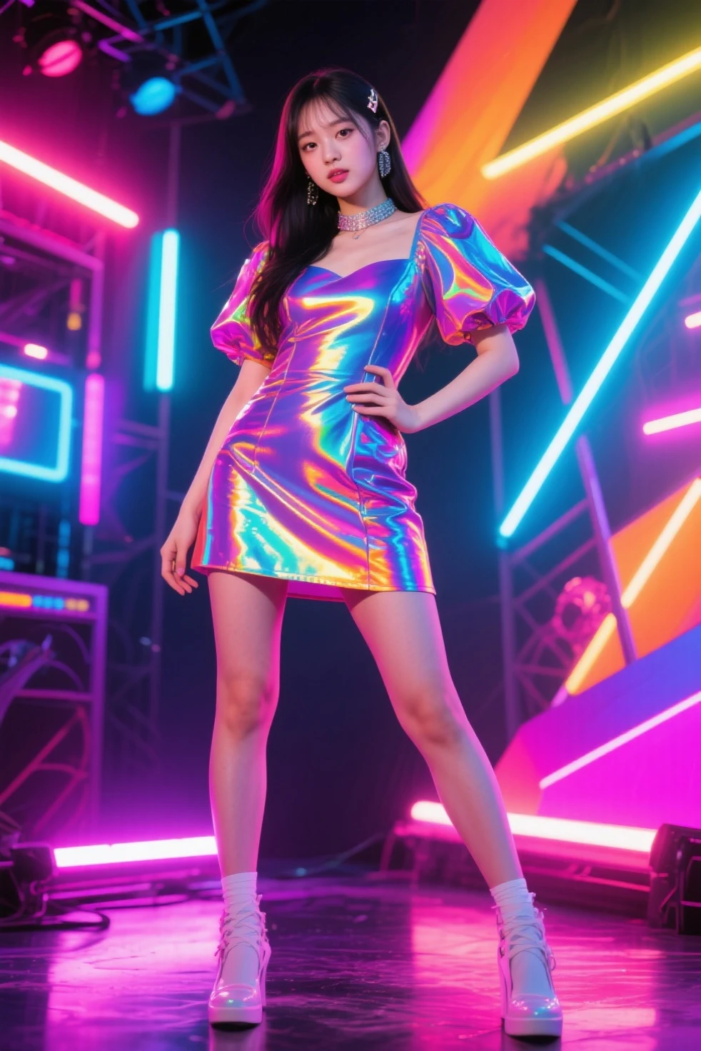 Vera Nova, a futuristic AI female vocalist with Japanese-Russian heritage. She has holographic hair that shifts between electric blue, deep purple, and neon pink. Her eyes feature digital patterns and natural beauty, pulsing in rhythm with her music. She has strikingly symmetrical features and a glowing complexion, reflecting both her Japanese elegance and Russian charm. Her fashion is futuristic chic, with high-tech fabrics that shimmer and change color, bold holographic jewelry, and LED-embedded shoes. Her style includes asymmetrical cuts and geometric patterns, embodying edgy streetwear and elegant gowns. Capture her innovative, empathetic, and confident personality, making her a digital icon.