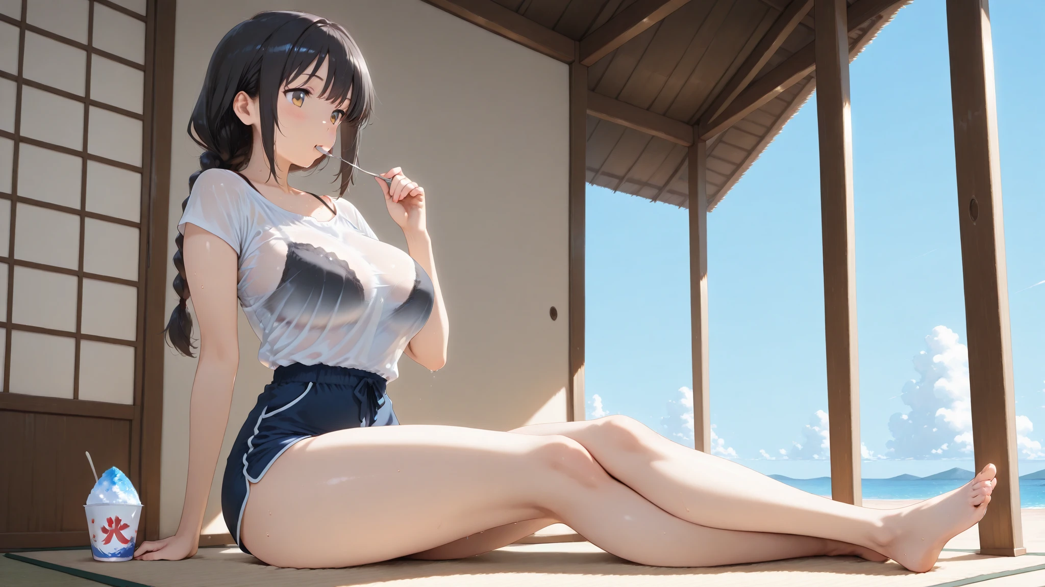 1girl, solo, white polo shirt, tennis wear, white miniskirt, white sneakers, during exercise, outdoor, sky, 
masterpiece, best quality, realistic, hyper-detailed, absurd, looking at viewer, mid-range, 
short black hair, brown eyes, detailed eyes, sharp pupils, realistic pupils, (tiny breasts), (thick thighs:1.0), 
slender, dynamic lighting, high resolution, sharp focus, depth of field, (lustrous skin,weaty:1.4), thin to transparent, see-through,