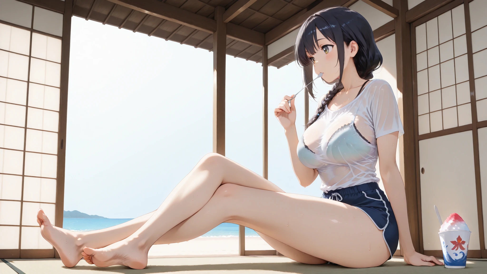 Tabletop, highest quality, (Realistic:1.4),,1 Japanese female,Mature Woman, 20-year-old、魅惑的なsmile、Naughty look、Heavy breathing,Full Body Shot, smile,(Beautiful sea_Snow-white sandy beach:1.2)、Beautiful blue sky,White tiny bikini,Sit down and open your legs wide,(Leg spread:1.5),Streaks,