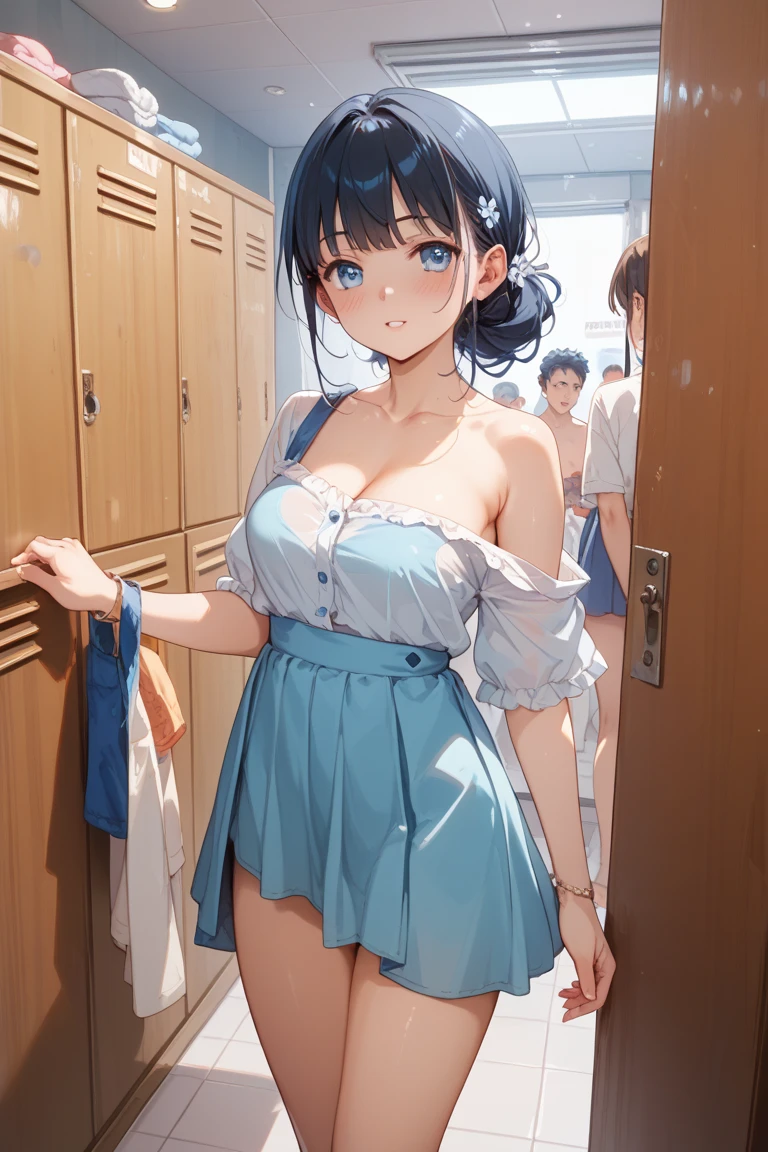 School swim wear、poneyTail、A dark-haired、Tanned dark skin、1 High School Girl、dress room、huge tit