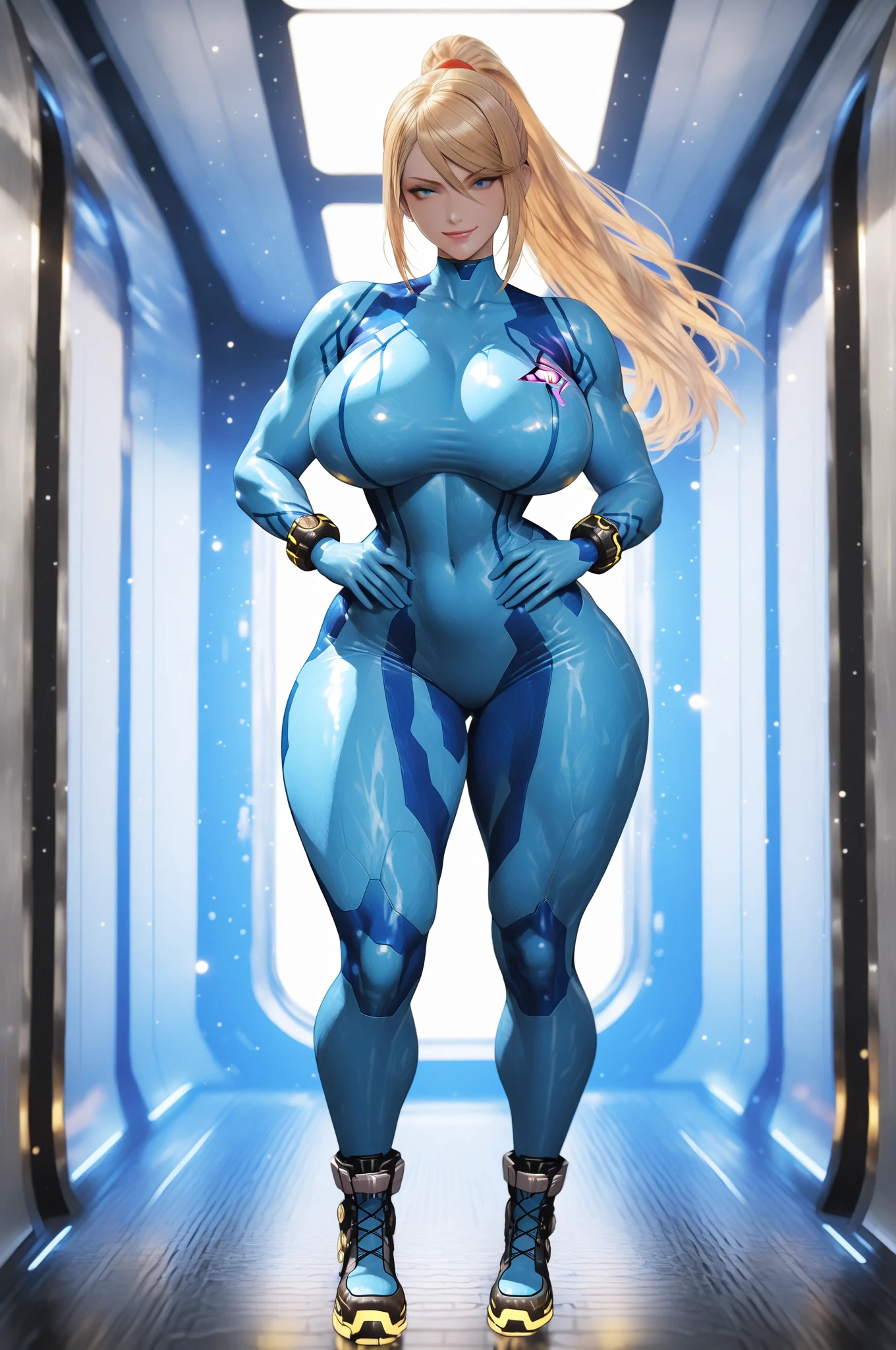 sexy blond Samus Aran from Metroid wearing blue suit with high platforms standing on a floor of a cave near ((grey humanoid monster)) hiding behind a rock and looking at her,
interior of alien cave in Hans Ruedi Giger style,
beautiful face,perfect face,
single girl,
copeseethemald style,glossy,thepit bimbo,
realistic, professional, limited palette,high contrast,amazing detail,dynamic lights,
hyperrealism, masterpiece, best quality, HDR, viewpoint, highest quality, sharp focus, digital art render, 8k