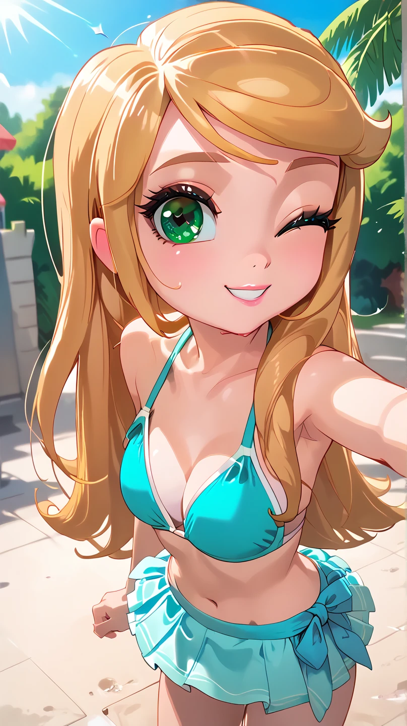 (8K, RAW photo, high quality, masterpiece: 1.2), High-definition RAW color photo, alone, (((young woman, gal))), (Sharp features), (small face), (high detail skin: 1.2), clavicle, cute face, beautiful appearance, long eyelashes, (rainbow hair, green eyes), ((have cleavage: 1.2)), (beautiful breasts:1.5), ((very detailed)), (thin:1.4), detailed eye, double eyelids, View with side eye, ((blonde, wavy hair)), thin body, ((smile:1.2, Upper eye usage)), big breasts, normal hip joint, green_eye, back shot, composition from above, (((:1.5, Seductive thighs))), staring eye, beautiful skin, shiny skin, perfect fingers, five fingers, anatomically correct, high quality, surreal, bright colors, ((very detailed, photo shoot)), 2 piece red color bikini, beach background, diving in the pool