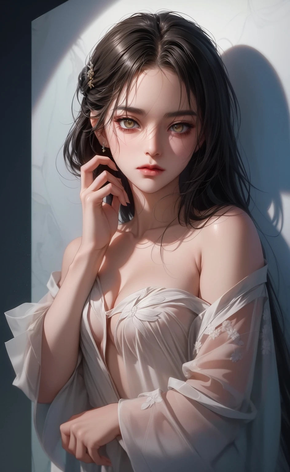 (Low Saturation:1.5),anime,1girl,pov,masterpiece,Awards, high quality,High resolution,HD,4K,8K,high qupov,low angle,flom below,portrait,closeup upperbody,white clothes,Independently deformed breasts,shruged,viscous paint,(swiping breasts:1.3),oily skin,Slimy Cleavage,(Cleavage Bulge,deformed to flat breasts:1.4),(Medium breasts:1.2),Compressed chest,(Enhance breasts pose:1.3),sriped strap,perspective,perfect skin,smile,pale color tone,(grayscale:0.5),Putting my hand on my sai high socks,off,Obscene hand gestures,all fours,