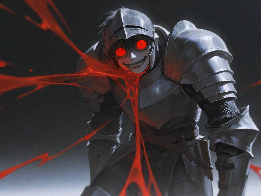 masterpiece, best quality, portrait of goblin slayer, 1boy, flaming eye, armor, helmet, black armor, blood, full armor, glowing, glowing eye, helmet, knight, male focus, plume, solo