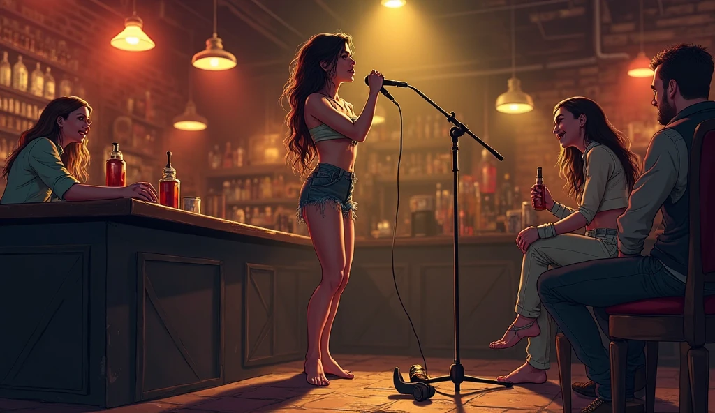 A man sitting in an armchair with long rocker style hair in a room full of guitars and speakers and amplifiers there is a window and in front of this man is a woman in a very small red outfit with big hips dancing in front of . The woman is voluptuous and only has a tiny thong and very large heels and large breasts and straight black hair and wears a red scarf on her head.