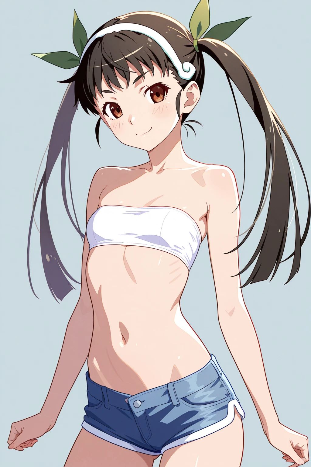 One, 1 girl, (Solid white background:1.3), Saegusa monkey, in a crop top and red thong, viewer, smile