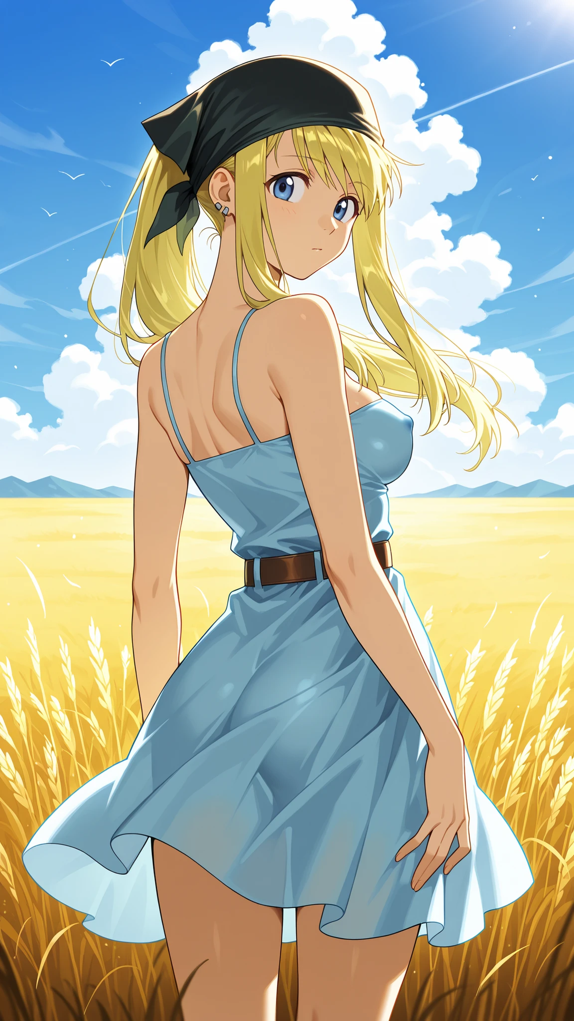 BREAK (masterpiece:1.2), best quality, high resolution, unity 8k wallpaper, (illustration:0.8), endless golden wheat field under a clear bright blue sky, soft fluffy clouds drifting slowly, vivid summer sunlight casting warm glow on the field, gentle breeze swaying the wheat stalks, peaceful and cinematic atmosphere, ultra-detailed natural lighting,winry rockbell, blue eyes, blonde hair,earrings,strapless, bandana,belt,sexy blue summer dress,white high kneesocks,cleavage,floating dress,looking at viewer,cowboy shot,wide-angel,seductive pose,berely vissible nipples,from behind,photo from back,