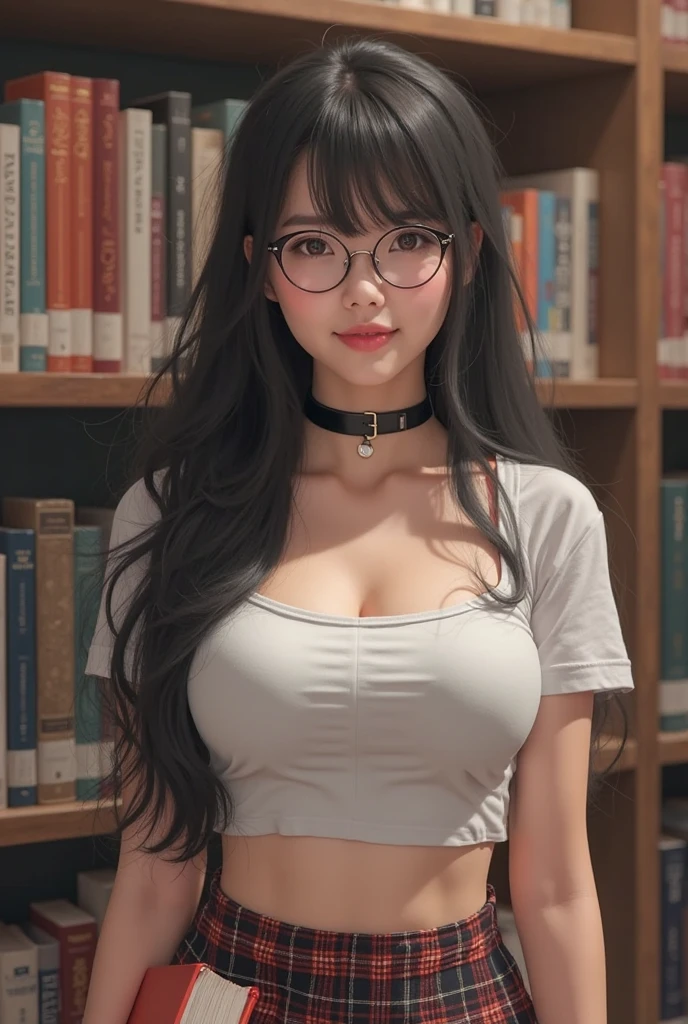 21yo girl, stunning body figure, curvaceous brunette, big breast, Asia Latin mixed, round glasses, oversize shirt mix skirt, stylish hair, HD quality, best composition photos, in perfect detail and texture, soft light skin, model posing, cute things, depth of field, library 