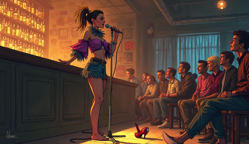 Moebius, a renowned artist known for his unique comic-style lithographs, presents a chica from 2001 in solo illustration. (Ele adora mulheres ruivas), He is the main character with an absurdly long story, ondulado, and tubular hair. A striking accent is added by a necklace, brincos, Um bracelete, e um devorador gigantesco de alta qualidade e detalhes superiores.
Sharp focus is given to the perfectly detailed and flawless face, exibindo escuro, olhos intrincadamente renderizados, parted lips, e um blush sutil. O perfeito, Curvy body has a thin, narrow waist