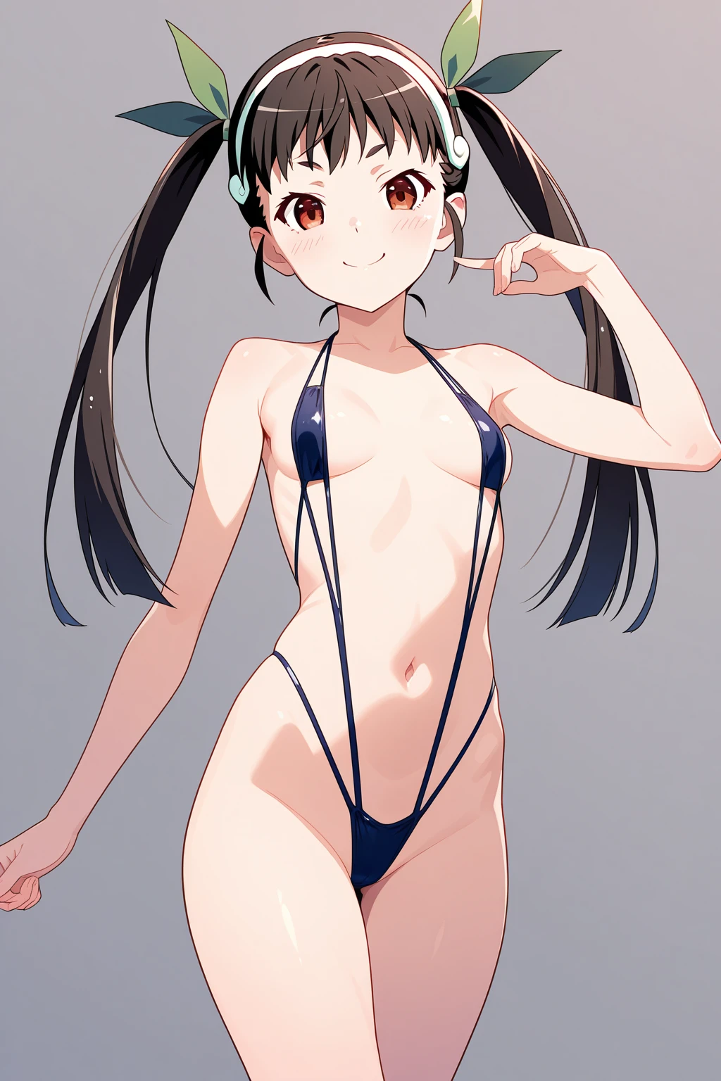 masterpiece, 1girl,  <lora:kancolle_zuikaku:1> kczuikaku, twintails, hair ribbon, looking at viewer, 
small breasts, nipples, thighs, black micro bikini, midriff, stomach, groin, cameltoe, bare shoulders, bare arms, collarbone, 
 eating ice, food in mouth, popsicle, 
