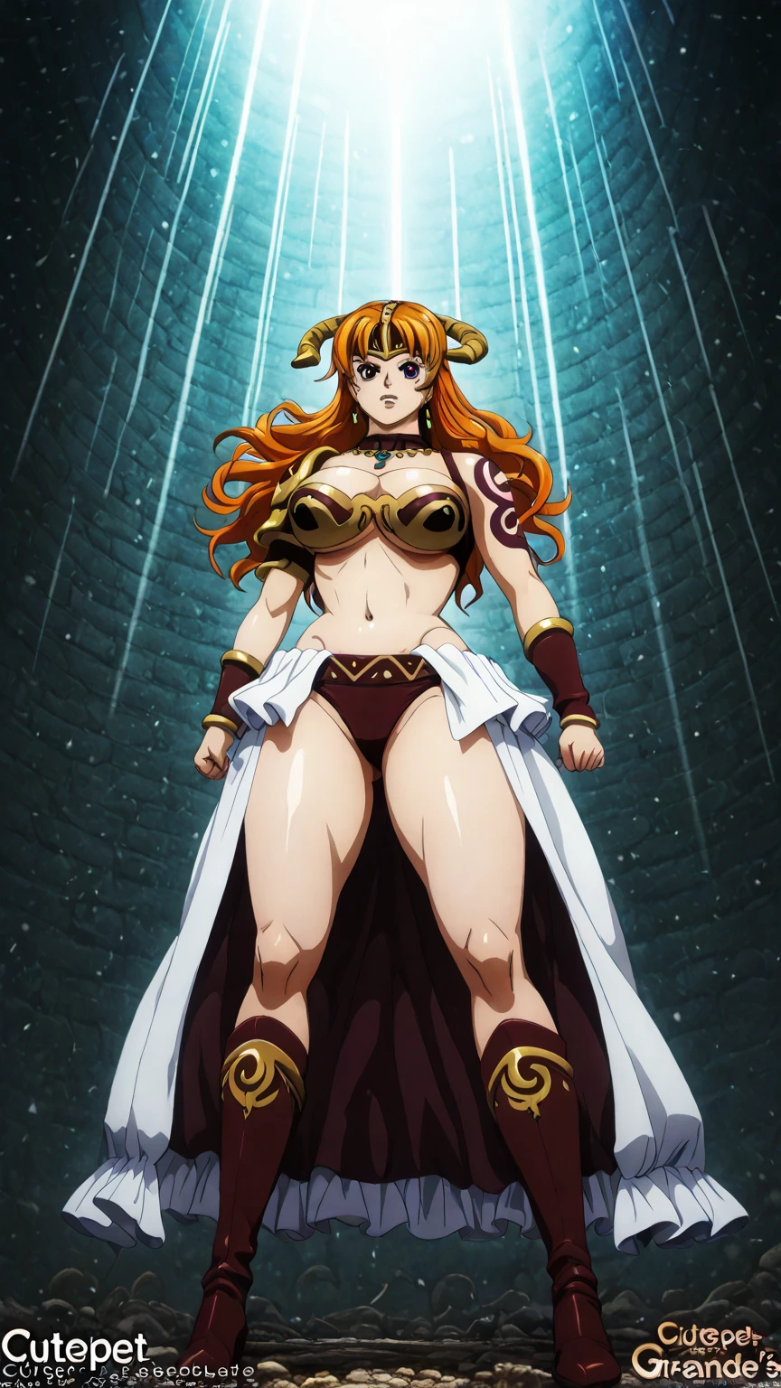((BLACK BACKGROUND,1:2, masterpiece)) full body MILF BIMBO standing with two long thighs and two metal sandals, red eyes, two-tone hair, brown hair, silver white hair, short bob style hair, big breasts, cleavage, separate sleeves, tiara royal, long cape up to two feet, yellow bikini, hands on waist, navel, toned body, lustful smirking smiling, smile face (red blushed, red cheeks), metal shoulders, gold sleeveless armbands, black leather choker slave collar (leather choker with big golden bell), shackle bracelets, red crest, pauldrons, breastplate, leather corset, eye focus, full body, whole body, 1solo, loincloth standing, hands on hips, big belt, view from below, feet together, bracers, tiara)
