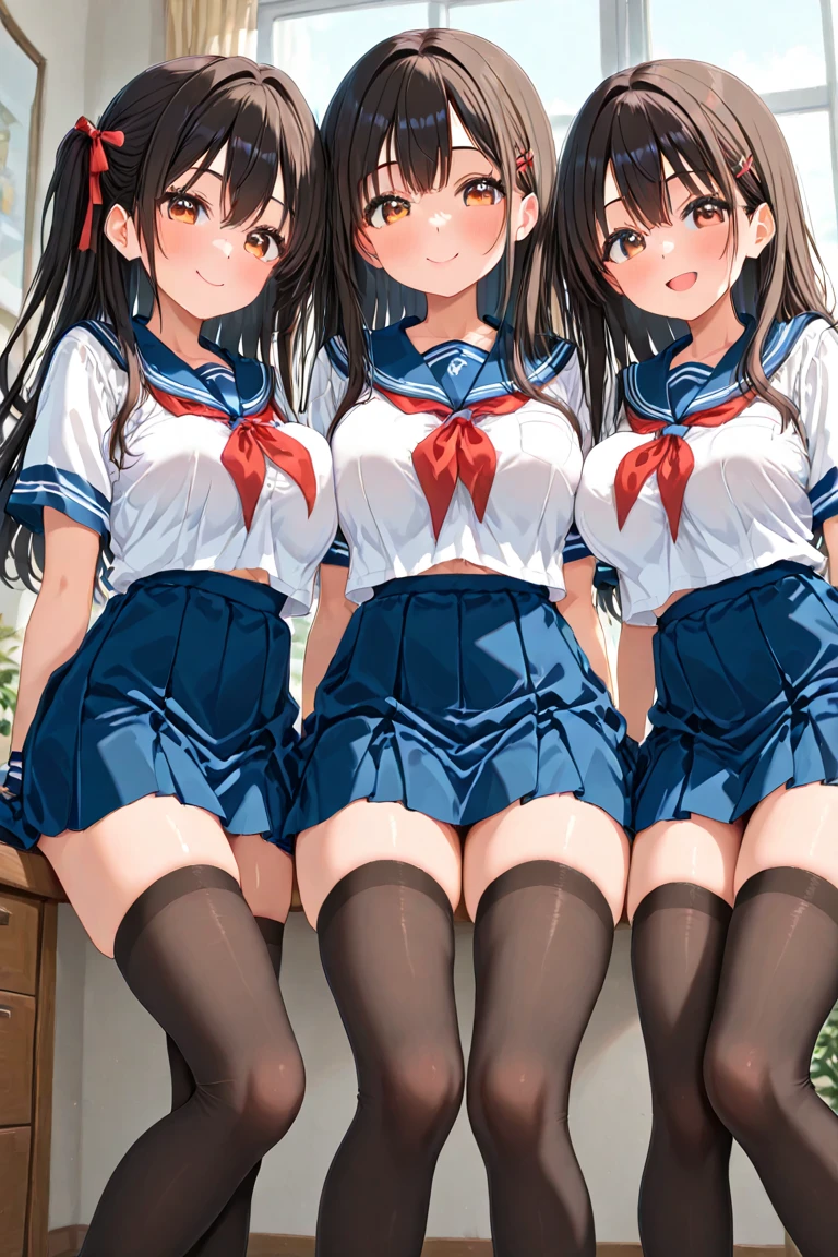 masterpiece, best quality, 3 girls, 10yo, (petite), from above,
smile, one eye closed, open mouth, tongue out, standing, sailor uniform, (open clothes), (clothes lift), small breasts, nipples, classroom,