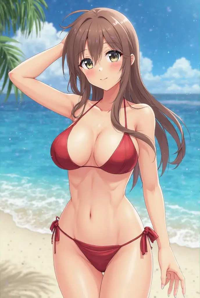 (masterpiece), (top-quality), (hight resolution), (cowboy shot, standing), (kawai iyona), (1girl), brown eyes, brown hair, long hair, (tareme:2.0, blush:1.5), (medium breast), cleavage, collarbone, (red micro bikini), (standing), (erect nipples: 1.2), (cowboy shot), beach, bluesky