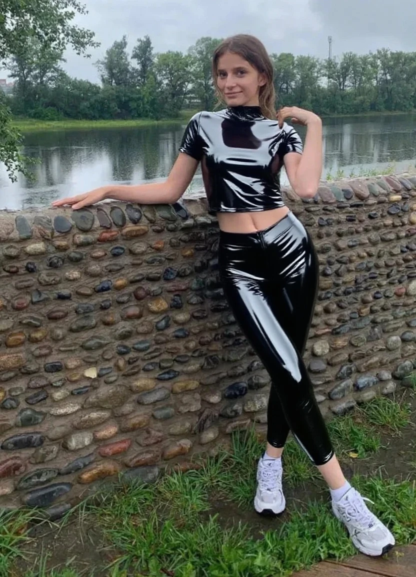 ((12-year-old tween girl)), wearing a blue halter latex top and black leggings, ankle boots heels, standing in a living room, ((long French braid hair)) ((silver hair))